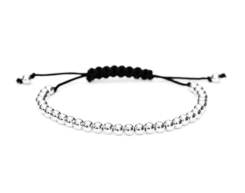 women's charm bracelet with pearls-14k White Gold Bead Bracelet with Black Cord- For Men and Women - 4mm