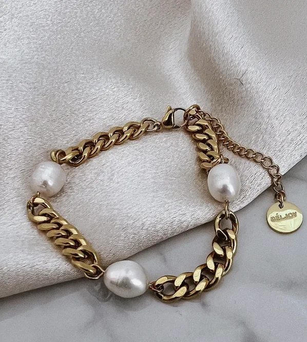 elegant gold cuff bracelet for women-Beljoy Blinny Cuban Chain Pearl Bracelet