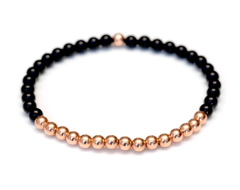 men's gemstone cuff bracelet-Black Onyx and 14k Rose Gold Ball Bead Stretch Bracelet - 4mm. Men and Women's Bracelet