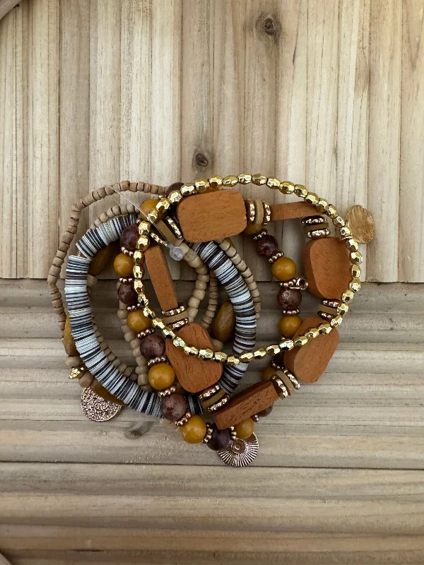 black leather beaded bracelet for men-Brown Mix Bead Stretch Bracelet