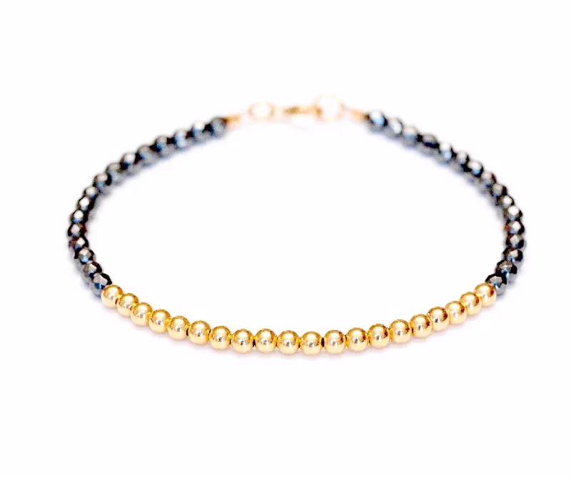 natural turquoise beaded bracelet-14k Gold Bead Bracelet w/ Hematite - 3mm - Men and Women's Bracelet