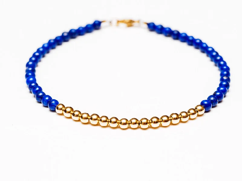 customized rope charm bracelet for men-Lapis Lazuli 14k Gold Bead Bracelet - Women and Men's Bracelet