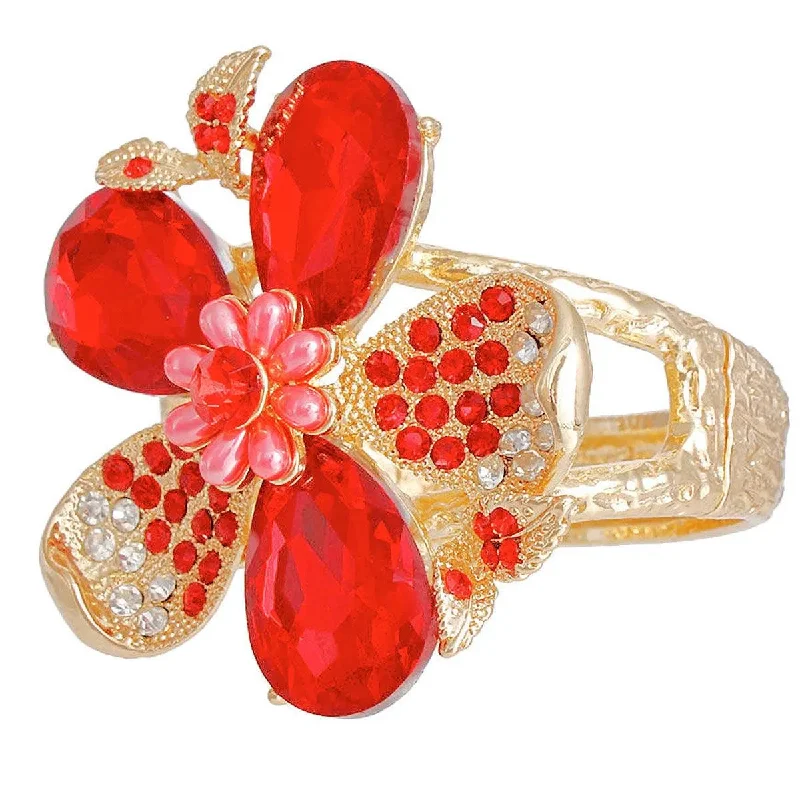 adjustable leather bangle bracelet-Lush Red/Gold Flower Bracelet to Adorn Your Wrist