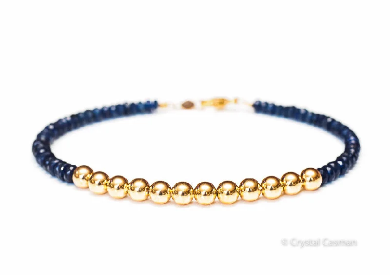 multicolored crystal charm bracelet for women-Sapphire 14k Gold Bead Bracelet - Women and Men's Bracelet