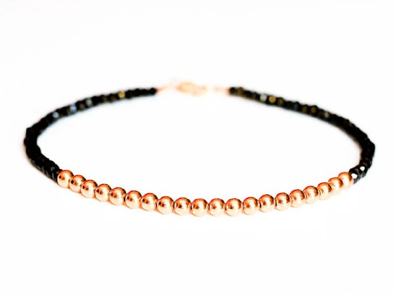 stacked leather bracelet with metal charms-Black Spinel 14k Rose Gold Bead Bracelet - 3mm - Women and Men's Bracelet