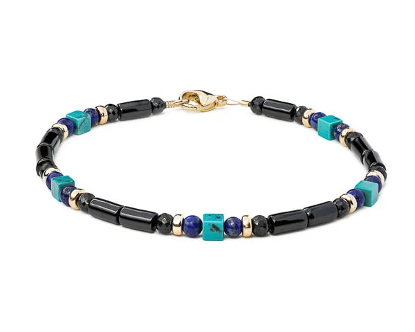 customized silver bracelet for kids-Turquoise, Lapis, and Black Onyx 14k Gold Bead Bracelet - Women and Men's Bracelet