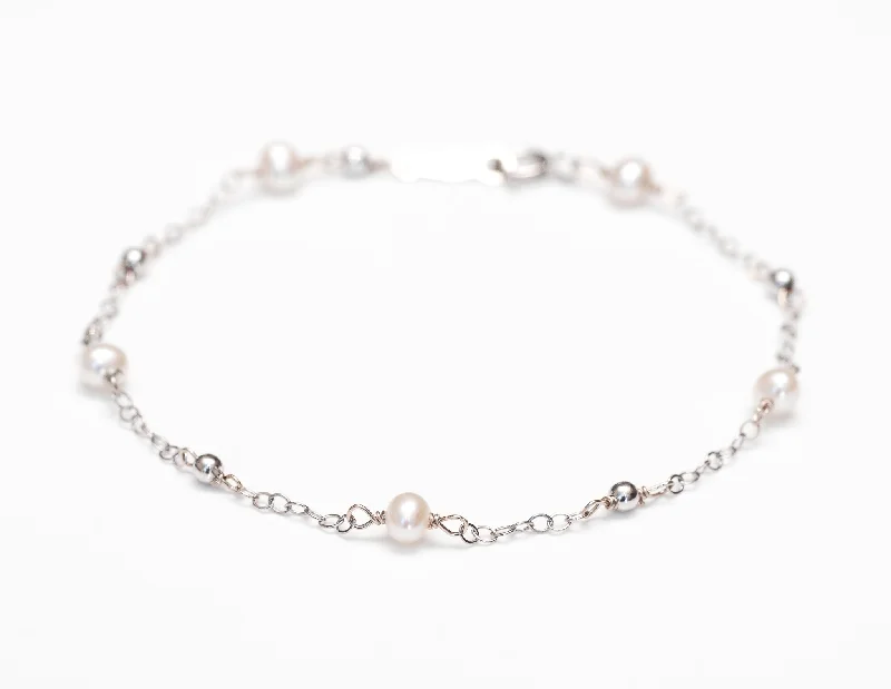 handmade crystal and gold charm bracelet-White Pearl Bracelet with 14k White Gold Chain