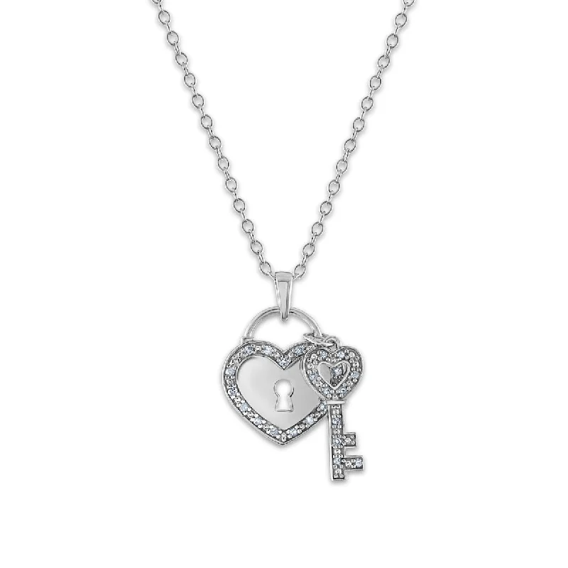 personalized gemstone pendant necklace-1/10 CTW Diamond 18-inch Heart Lock and Key Pendant in Sterling Silver