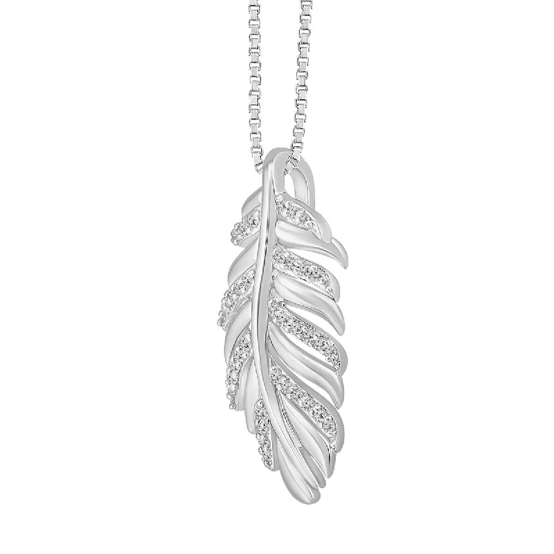 gemstone bar pendant necklace-1/10 CTW Diamond Feather 18-inch Pendant in Sterling Silver