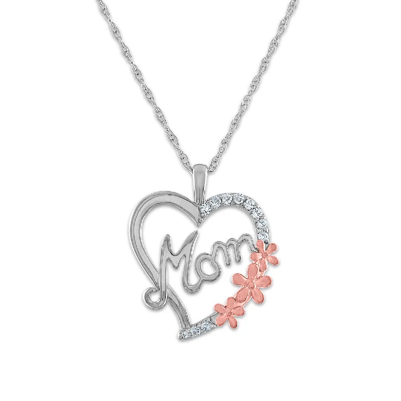 vintage style bar necklace with engraving-1/10 CTW Diamond Mom Flower Heart 18-inch Pendant in Sterling Silver