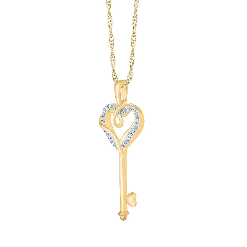 vintage style charm necklace for women-1/15 CTW Diamond Heart Key 18-inch Pendant in 10KT Yellow Gold