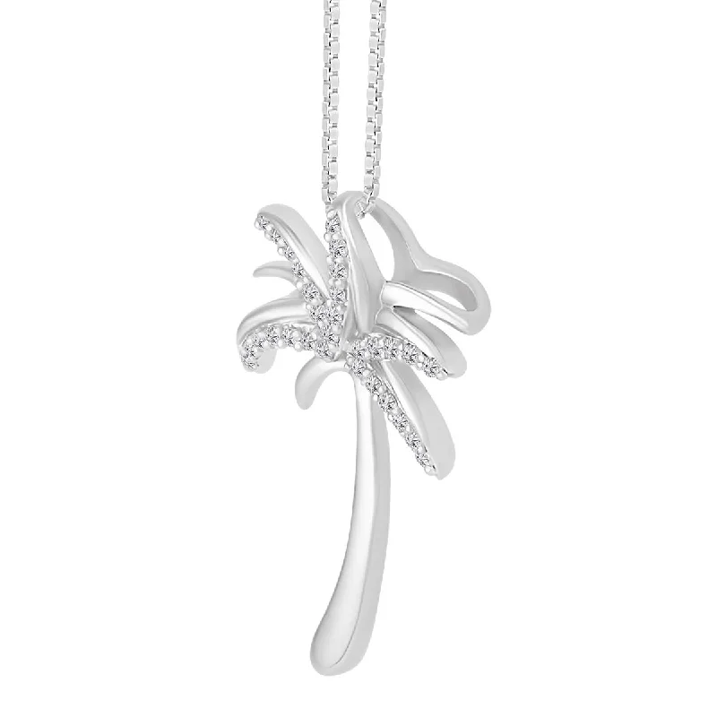 dainty gold bar necklace for women-1/15 CTW Diamond Palm Tree 18-inch Pendant in Sterling Silver