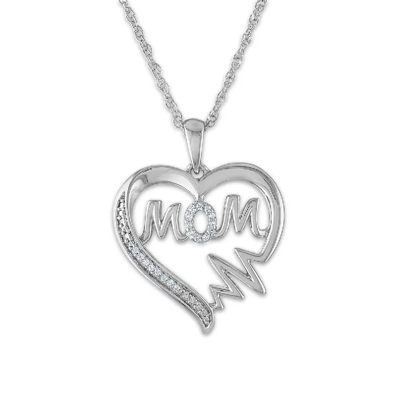 sterling silver bar necklace with engraving-1/16 CTW Diamond Mom Heart 18-inch Pendant in Sterling Silver