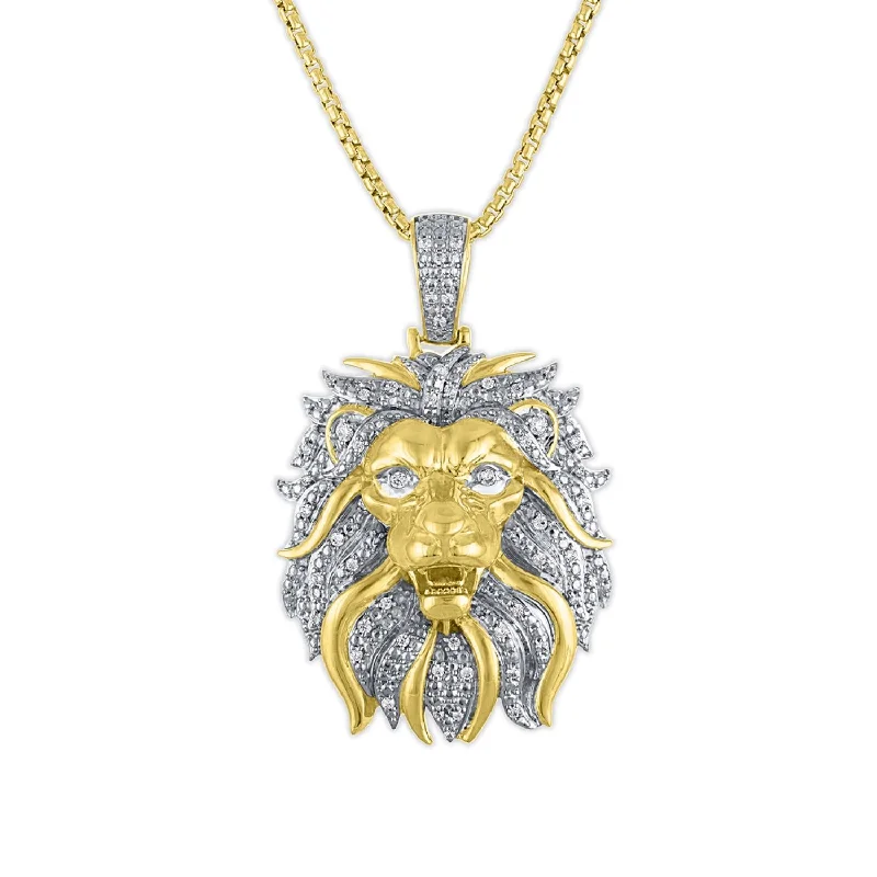 gold chain necklace with name pendant-1/2 CTW Diamond Lion Head Pendant in Gold Plated Sterling Silver