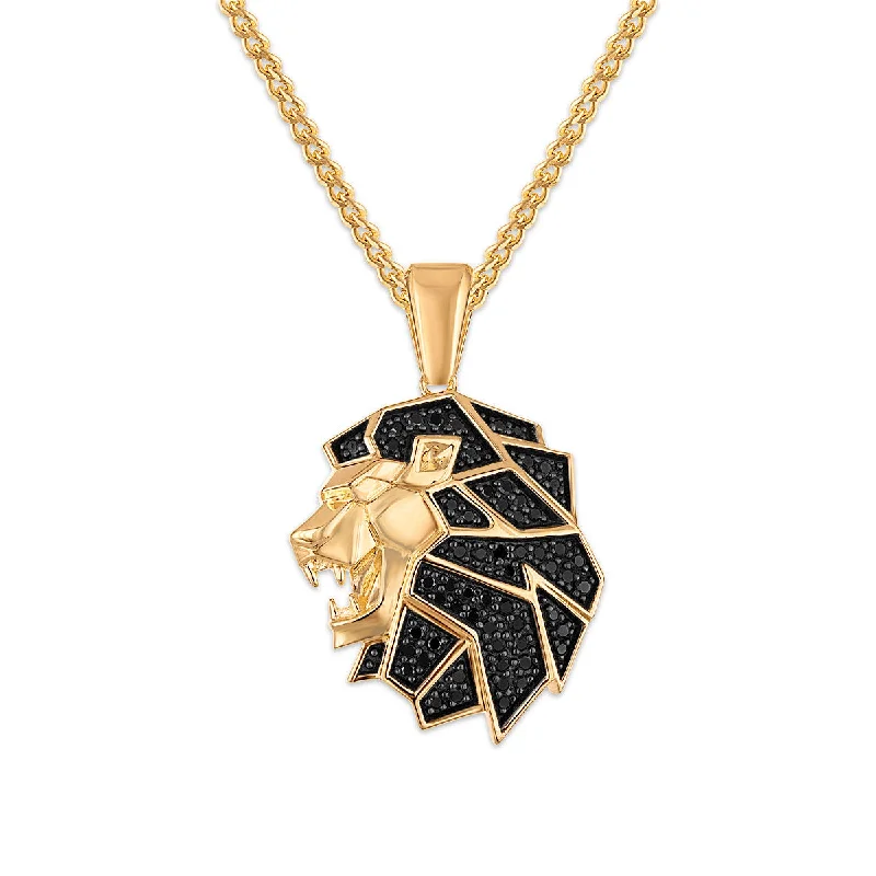 delicate gemstone pendant necklace-1/2 CTW Black Diamond Lion Head Pendant in Gold Plated Sterling Silver