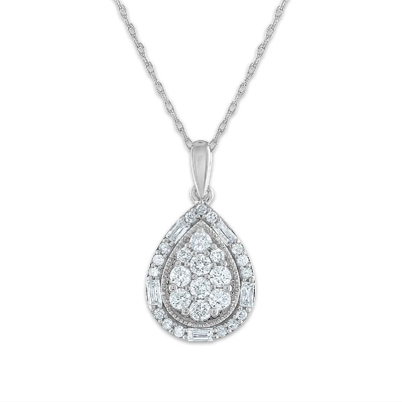 custom engraved gemstone pendant necklace-1/2 CTW Diamond Cluster Pear Shape 18-inch Pendant in 10KT White Gold