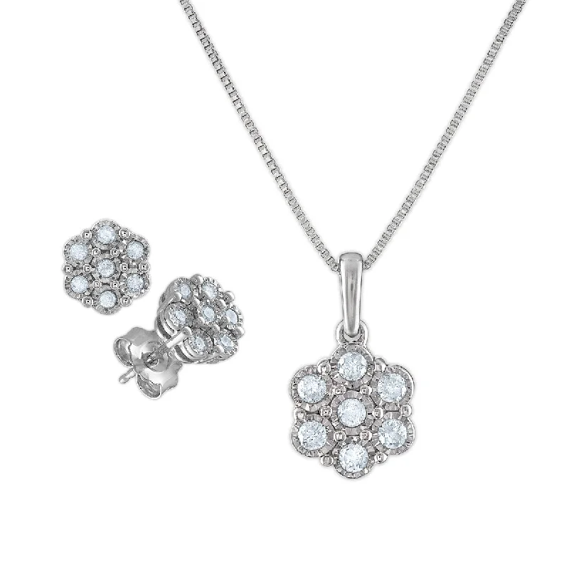 simple silver circle pendant necklace-1/2 CTW Diamond Flower 18-inch Pendant Earrings Set in Sterling Silver