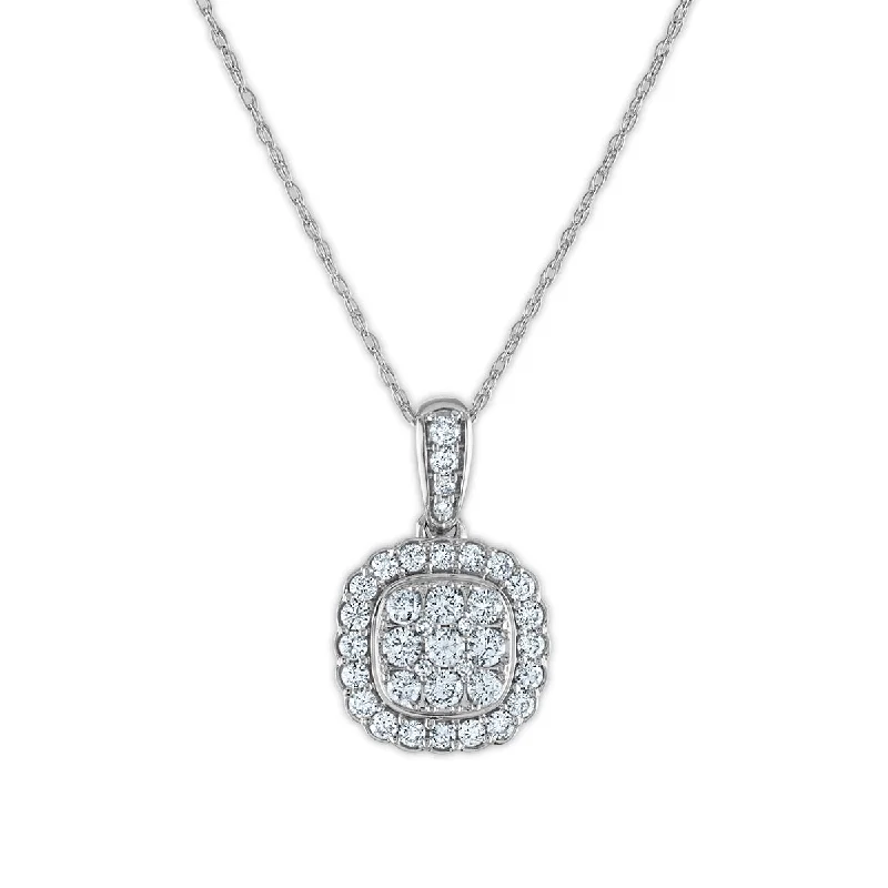 personalized pendant necklace for anniversary-1/2 CTW Diamond Halo Cushion Shaped 18-inch Pendant in 14KT White Gold