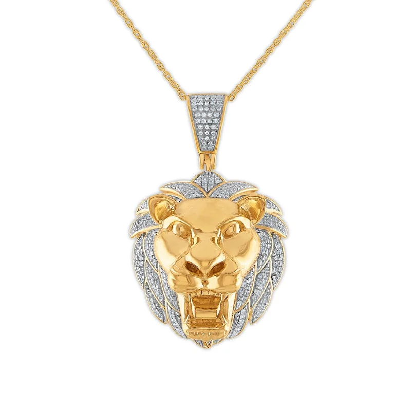 long pendant necklace for couples-1/2 CTW Diamond Lion Head 18-inch Pendant in 10KT Yellow Gold