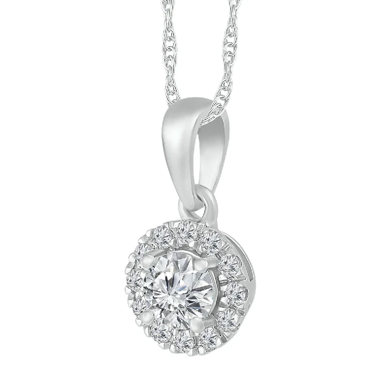 women’s gold pendant necklace with engraving-1/4 CTW Diamond Halo 18-inch Pendant in 10KT White Gold