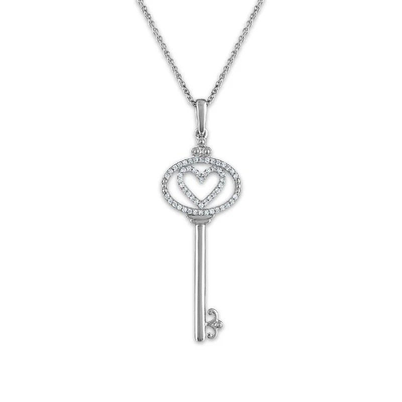 gold chain necklace with name pendant-1/7 CTW Diamond Heart Key 18-inch Pendant in 10KT White Gold