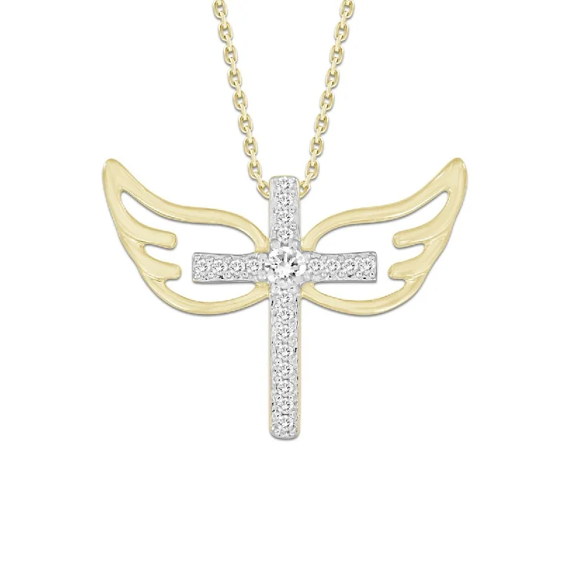 silver pendant necklace with gemstone charm-10KT Yellow Gold 1/10 CTW Diamond 15X20MM 18-inch Cross Angel Wings Pendant