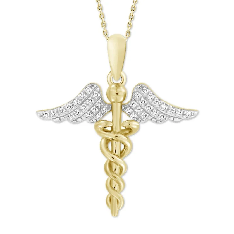 custom family pendant necklace with names-10KT Yellow Gold 1/10 CTW Diamond 24MM 18-inch Angel Wings Caduceus Nurse Pendant