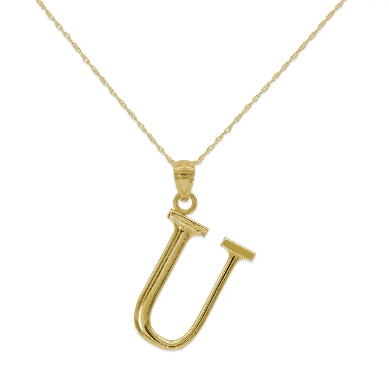 gold heart pendant necklace with engraving-10KT Yellow Gold 18-inch 30MM Initial Pendant; Initial U