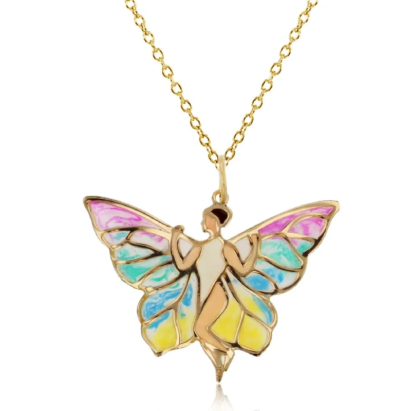 personalized engraved letter necklace-10KT Yellow Gold 29X31MM 18-inch Butterfly Fairy Pendant