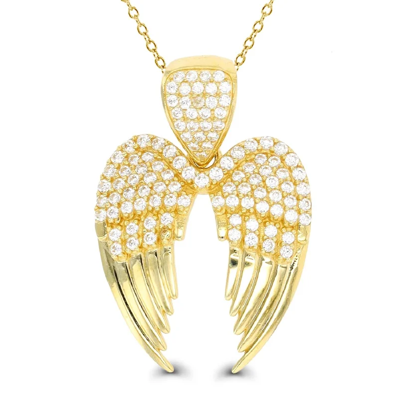 women’s silver charm pendant necklace-10KT Yellow Gold Cubic Zirconia 30X20MM 18-inch Angel Wings Pendant