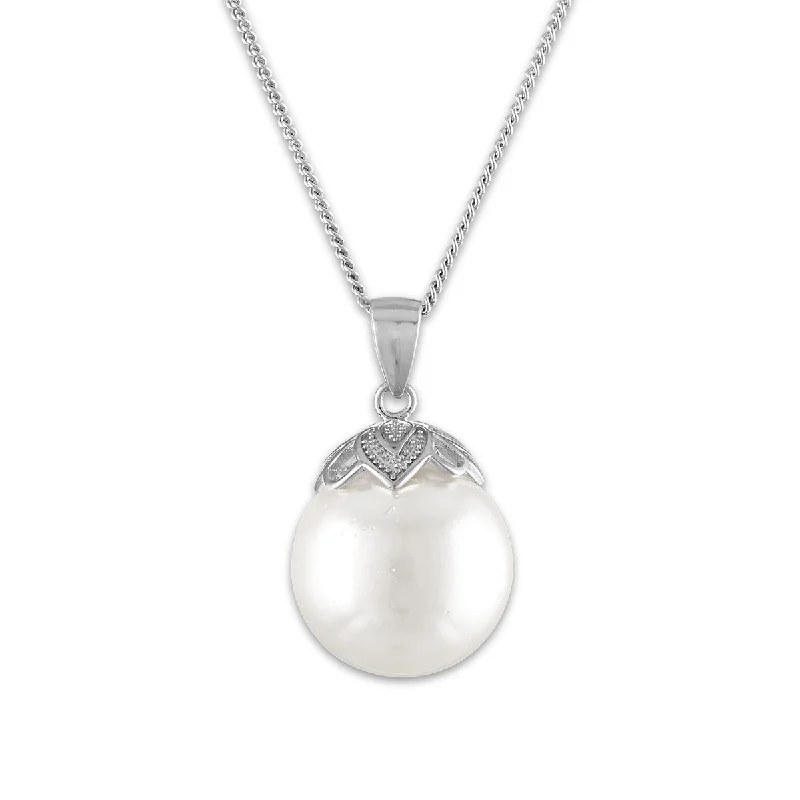 handmade crystal pendant necklace-14MM Round Shell Pearl 18-inch Pendant in Rhodium Plated Sterling Silver