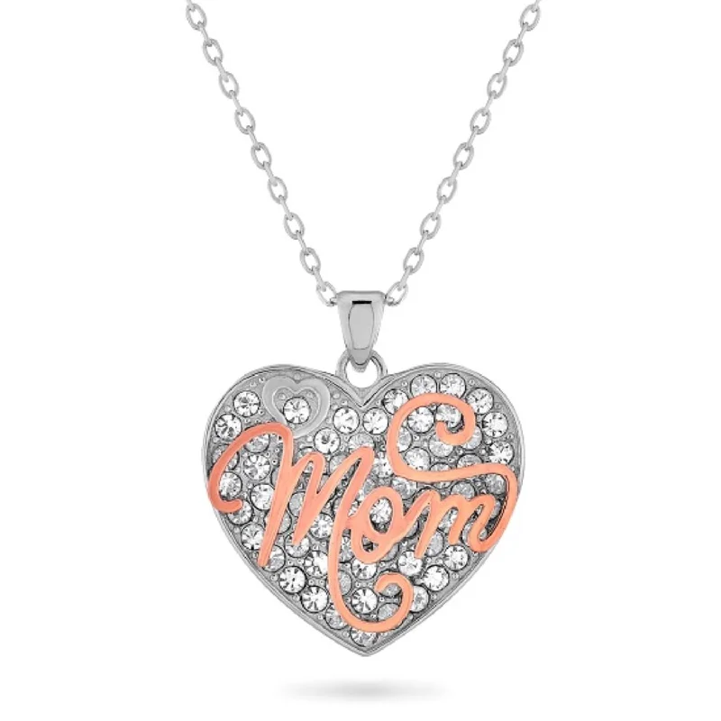 silver pendant necklace with message-18KT Rose Gold Plated Sterling Silver and Crystal 18-inch Mom Pendant