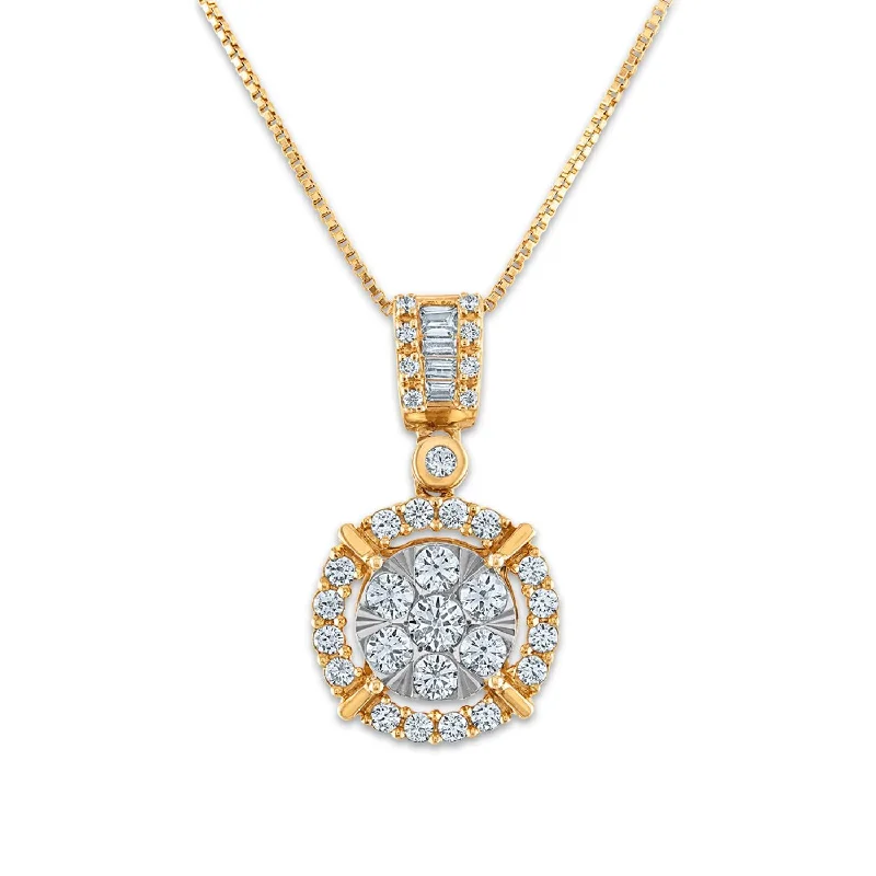 crystal gold pendant necklace for weddings-3/4 CTW Diamond Cluster Halo 18-inch Pendant in 10KT White and Yellow Gold