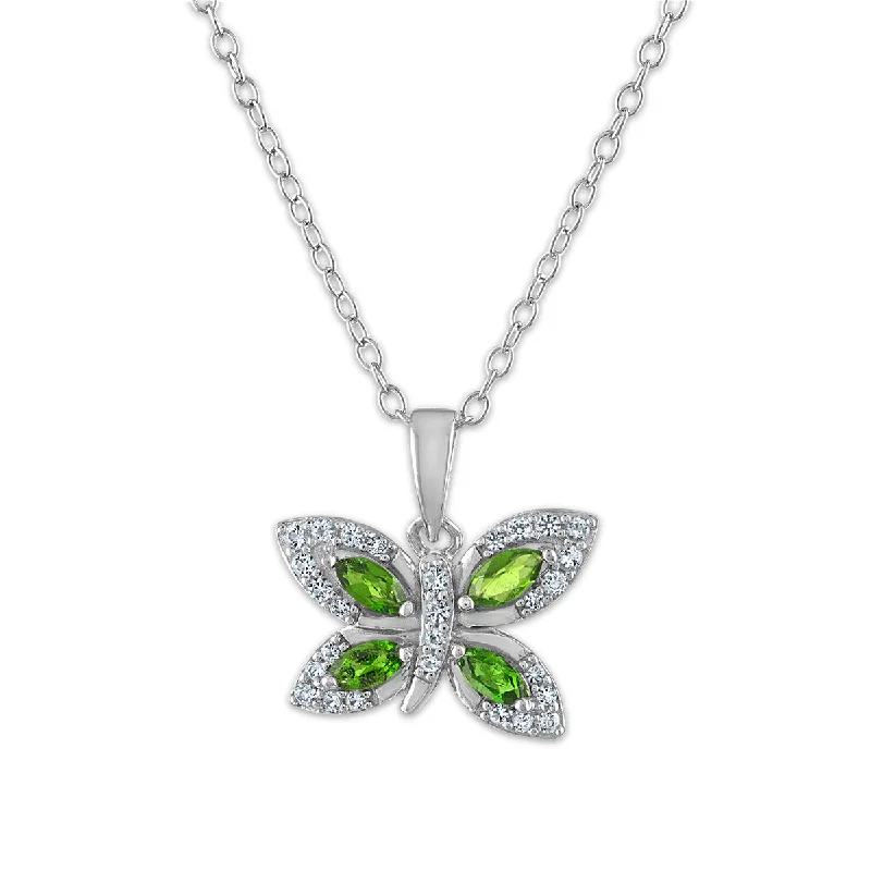 rose gold pendant with gemstone-4X2MM Marquise Chrome Diopside and White Topaz Fashion Butterly 18-inch Pendant in Rhodium Plated Sterling Silver