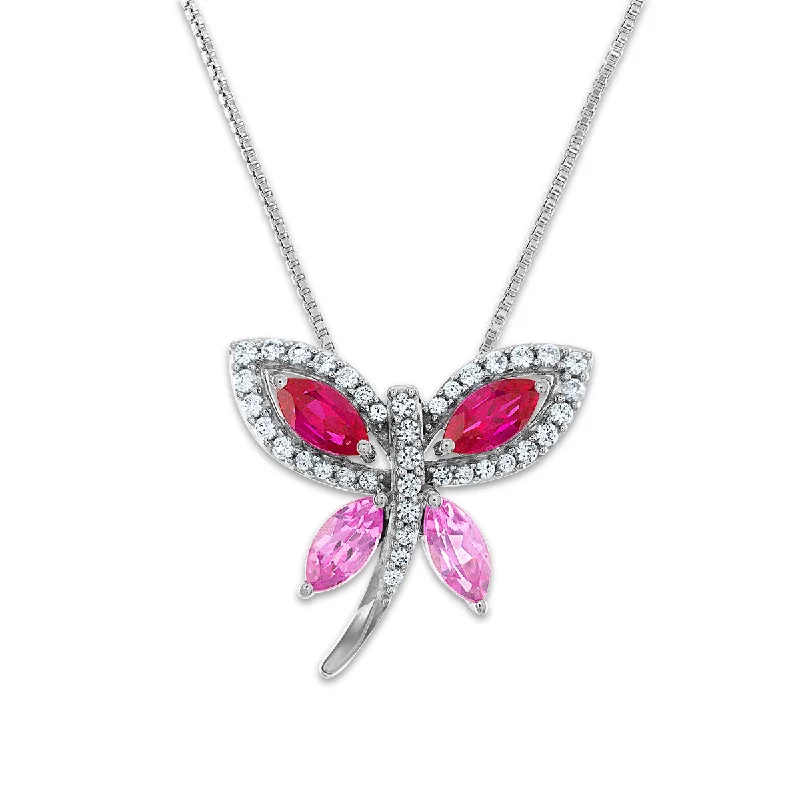 gold necklace with engraved pendant for men-6X3MM Marquise Ruby and Pink Sapphire Butterfly 18-inch Pendant in Sterling Silver