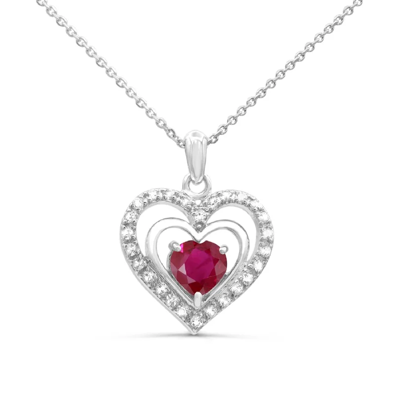 simple gold chain necklace-7MM Heart Shape Ruby and White Sapphire Heart 18-inch Pendant in Rhodium Plated Sterling Silver