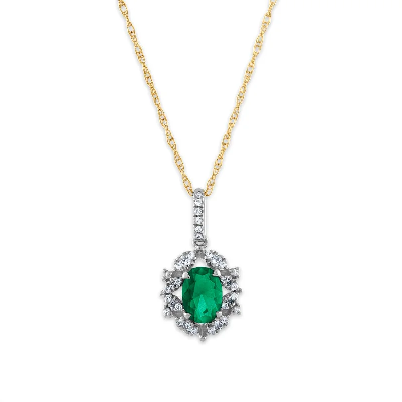 boho style pendant necklace with crystal stone-7X5MM Oval Emerald and Diamond Halo Pendant in 10KT Yellow Gold