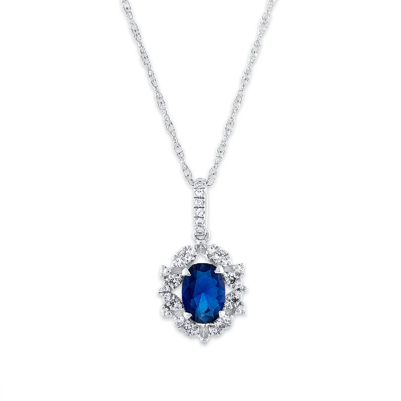 simple pendant necklace with message for women-7X5MM Oval Sapphire and Diamond 18-inch Pendant in 10KT White Gold