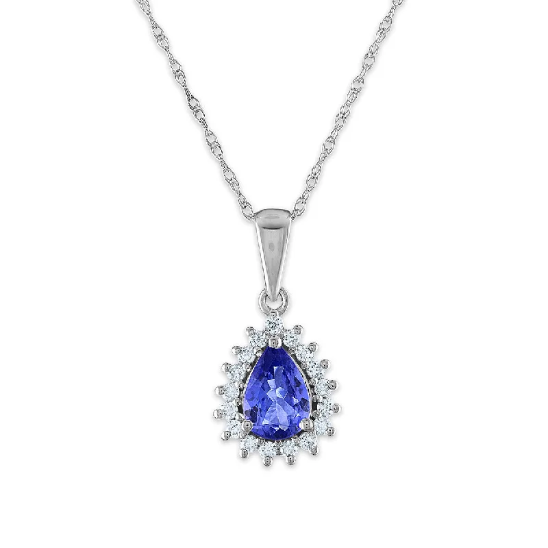 custom engraved family tree pendant necklace-7X5MM Pear Tanzanite and Diamond Halo 18-inch Pendant in 14KT White Gold