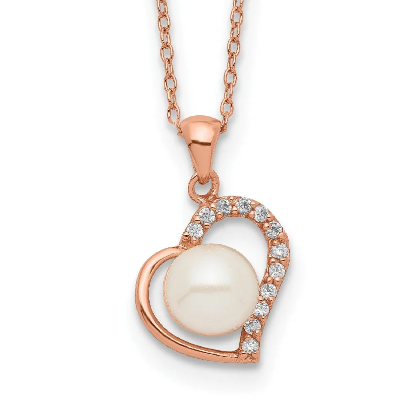 gold heart pendant with name-7X8MM Pearl Heart 17-inch Pendant in Rose Gold Plated Sterling Silver