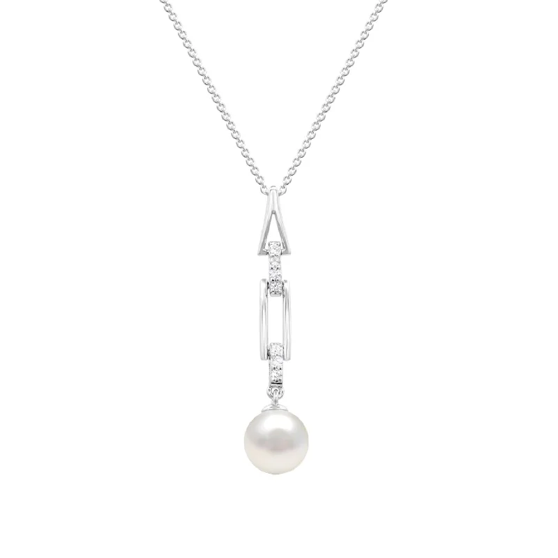 custom initial necklace for friends-8.5X9MM Round Pearl and White Sapphire 18-inch Pendant in Sterling Silver