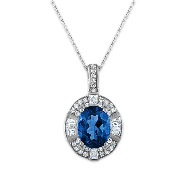 celestial gold pendant necklace-9X7MM Oval London Blue Topaz and Diamond 18-inch Pendant in 10KT White Gold