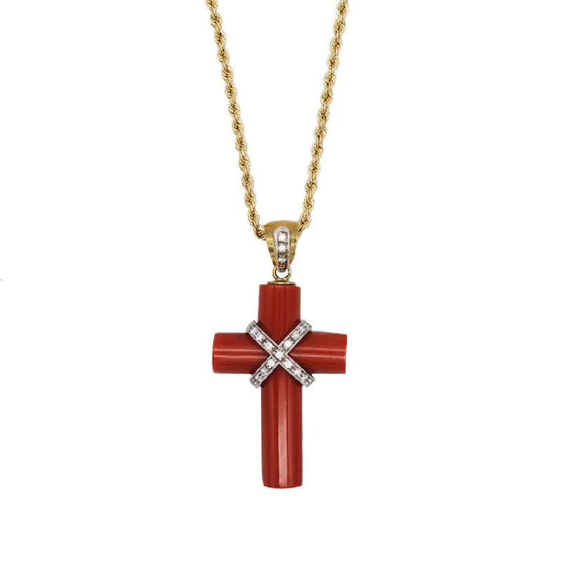 silver crystal pendant necklace for him-CORAL CROSS PENDANT NECKLACE WITH DIAMONDS - GOLD