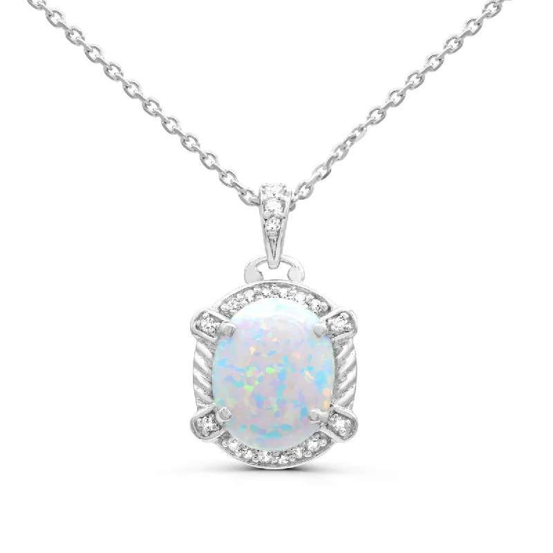 crystal pendant necklace for girlfriend-Created Opal and White Sapphire Halo 18-inch Pendant in Sterling Silver