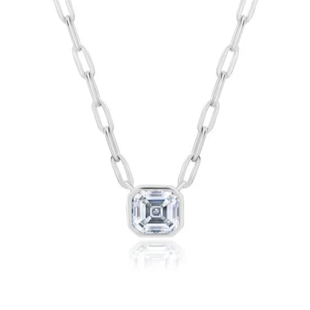 silver necklace with birthstone pendant-Crislu Platinum Plated Sterling Silver Asscher Cubic Zirconia Solitaire 16-18-inch Pendant