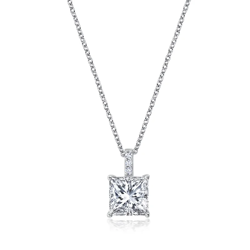 elegant engraved name necklace-Crislu Platinum Plated Sterling Silver Princess Cut Cubic Zirconia Solitaire 16-18-inch Pendant