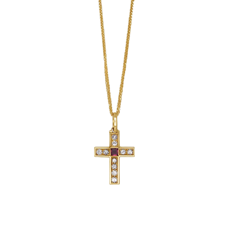 crystal bar pendant necklace for her-CROSS NECKLACE - DIAMONDS AND RUBY - GOLD