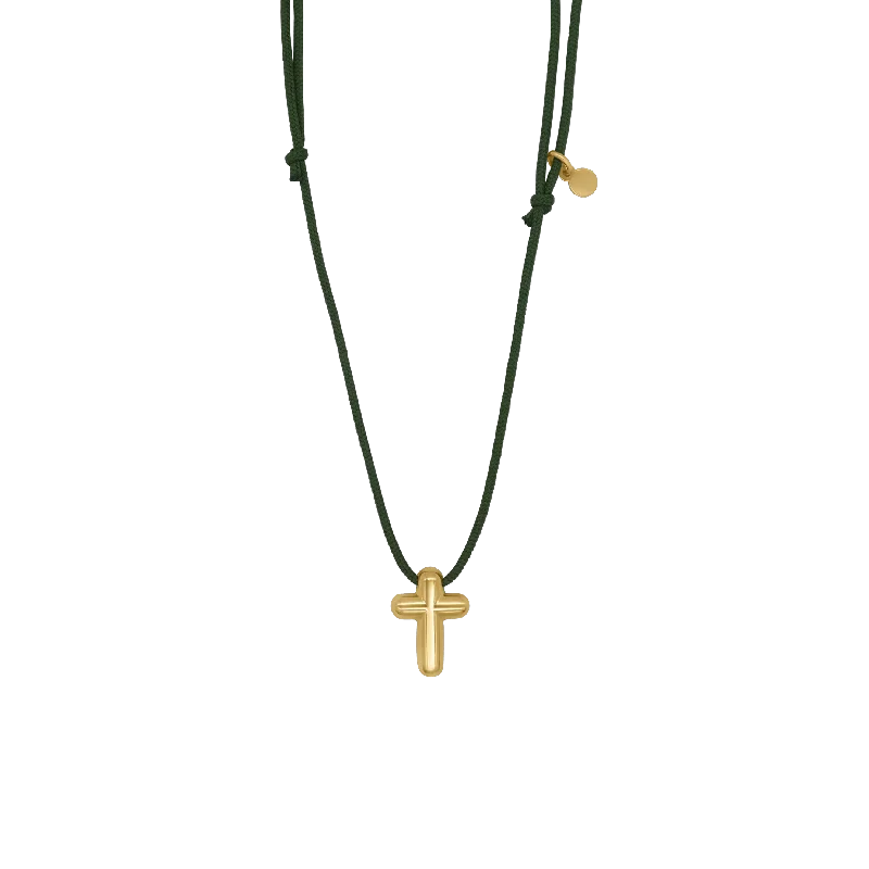 personalized heart-shaped pendant necklace-CROSS NECKLACE - GREEN ROPE AND GOLDEN SILVER