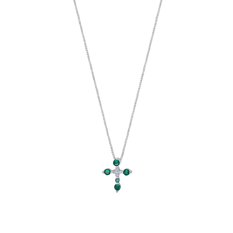 men’s personalized charm pendant necklace-CROSS NECKLACE - GREEN ZIRCONIA AND SILVER