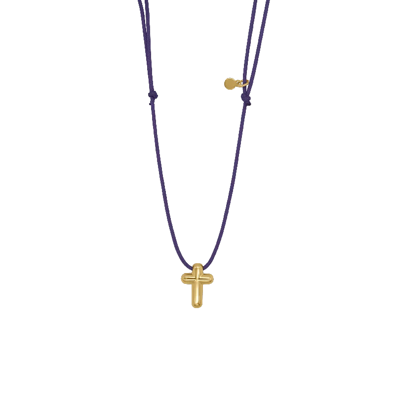 gold letter pendant necklace-CROSS NECKLACE - PURPLE ROPE AND GOLDEN SILVER